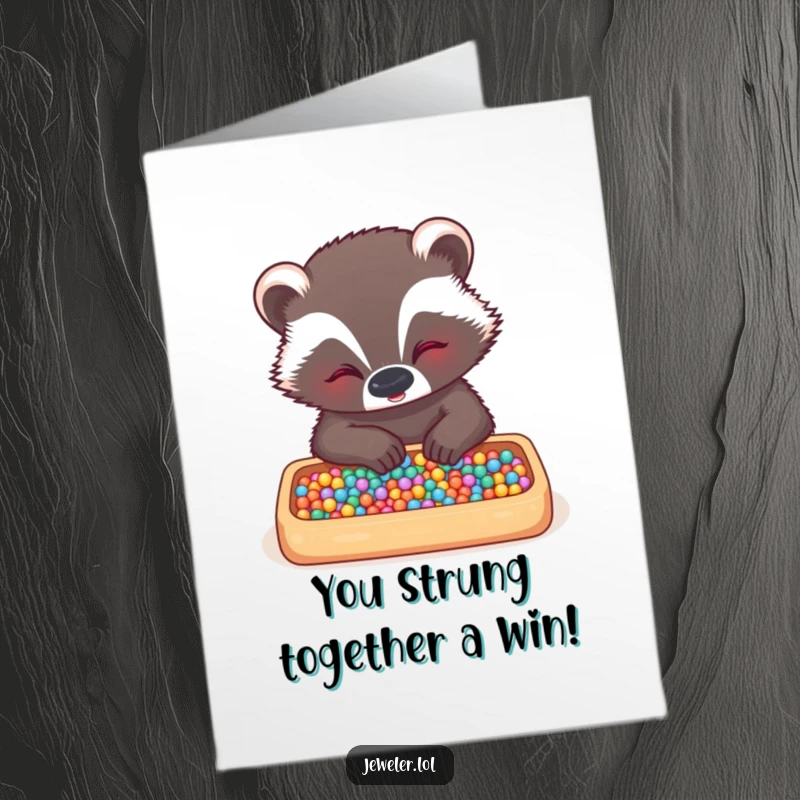 Funny free printable congratulations card with a giggling badger meticulously arranging tiny beads, celebrating your accomplishments.
