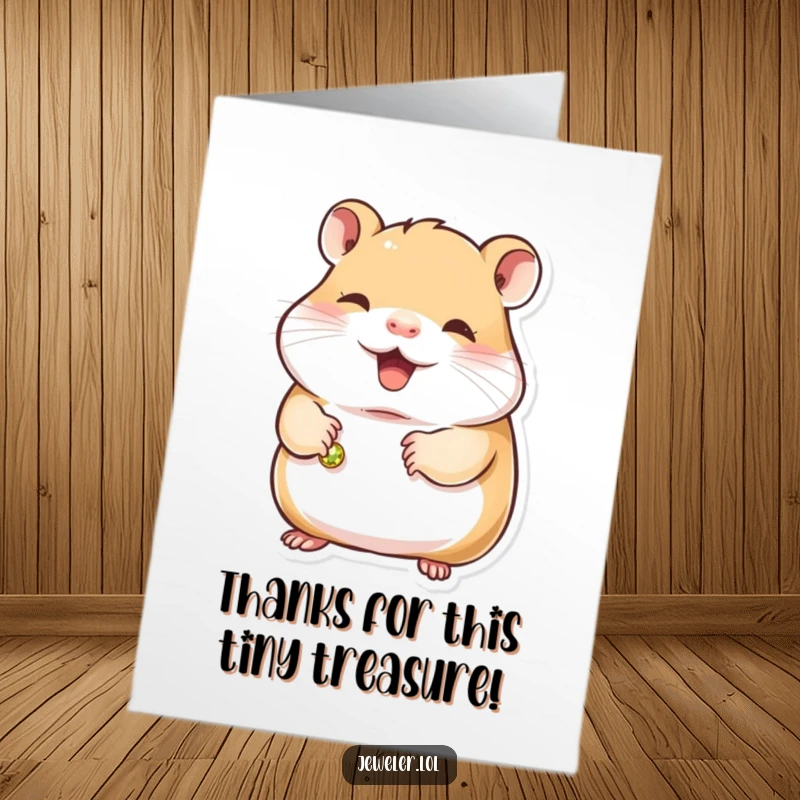 Funny free printable thank you card showing a contented hamster holding a small, gleaming bracelet with a gentle smile.