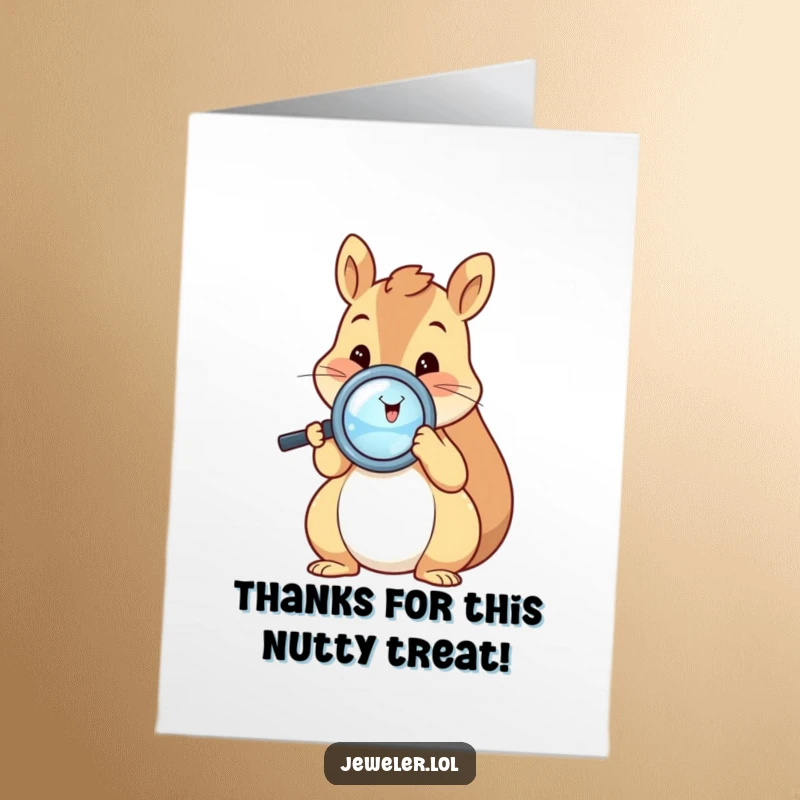 Funny free printable thank you card with a happy squirrel intently studying a shiny ring with a magnifying glass.