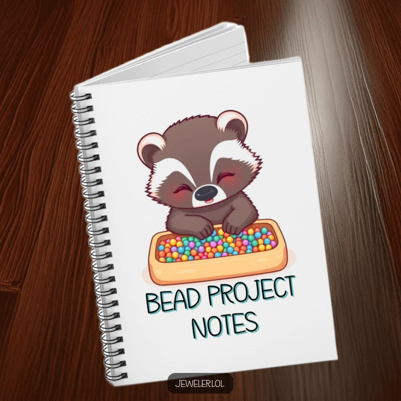 Funny badger notebook with a giggling badger meticulously arranging tiny beads in a tray, inspiring creativity and organized crafting.