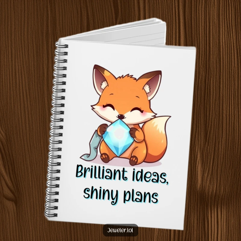 Funny cheerful fox polishing a sparkling gem, cover art for a notebook, inspiring bright thoughts and organized notes.