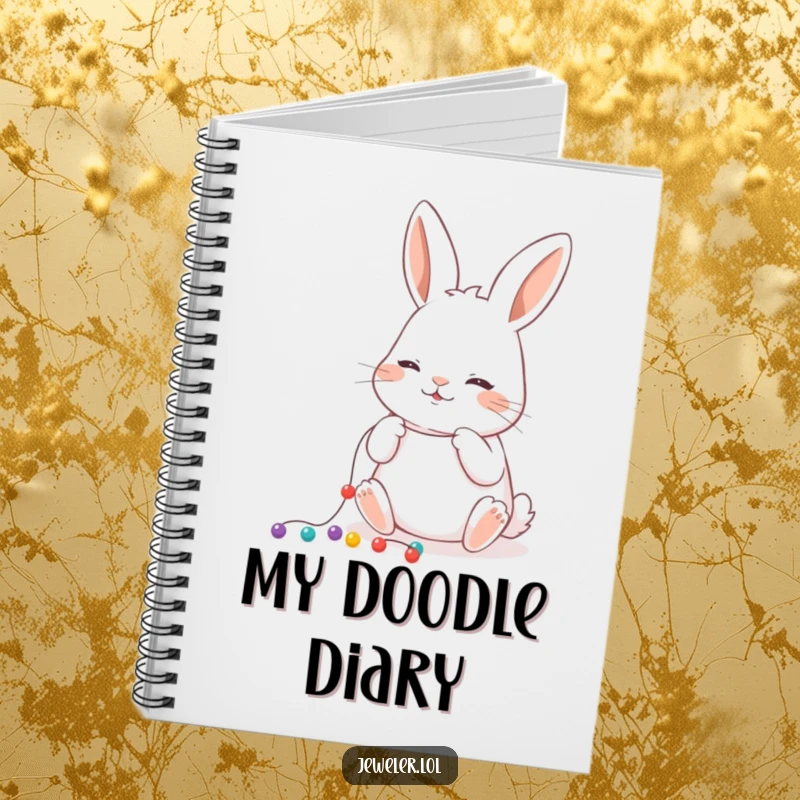Funny Notebook with a playful rabbit meticulously stringing tiny beads onto a thread, inspiring creativity humorously.