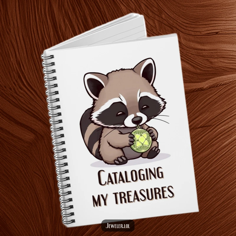 Funny raccoon notebook with a playful raccoon intently studying a tiny, intricate pendant, inspiring creativity and meticulous note-taking.