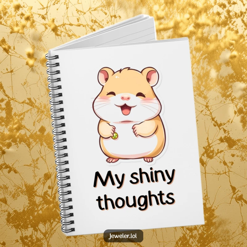 Funny hamster notebook with a contented hamster holding a small, gleaming bracelet, inspiring sweet thoughts and meticulous note-taking.