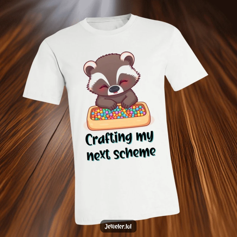 Funny badger t-shirt of a giggling badger carefully placing tiny beads in a tray, highlighting its focused artistic process and cheerful demeanor.