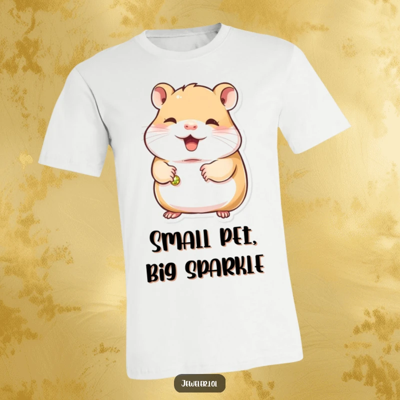 Funny hamster t-shirt of a contented hamster holding a small, gleaming bracelet, highlighting its gentle personality and affection for shiny accessories.