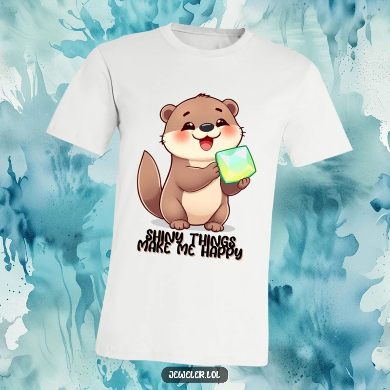 Funny T-Shirt featuring a cheerful otter beaming with delight while holding a large, sparkling gemstone, a hilarious gift.