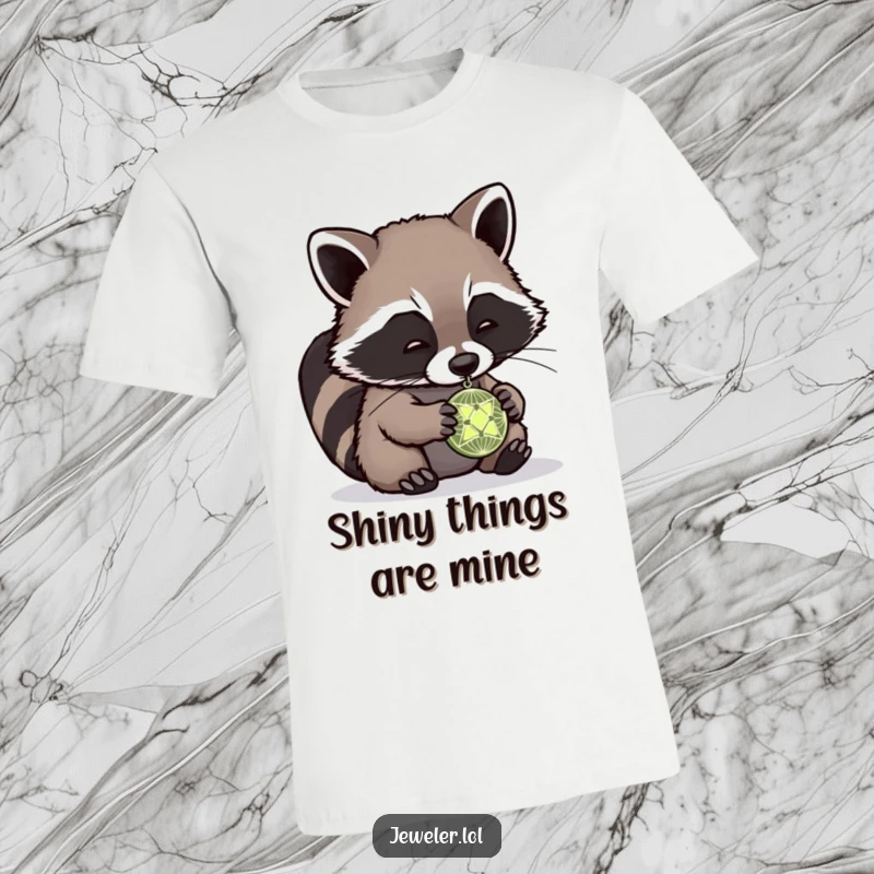 Funny raccoon t-shirt portraying a playful raccoon absorbed in examining a tiny, intricate pendant, highlighting its serious focus and adorable antics.