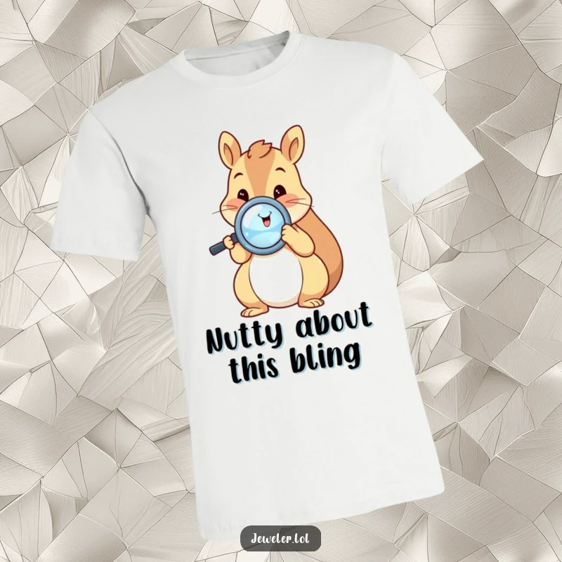 Funny squirrel t-shirt of a happy squirrel excitedly examining a shiny ring with a magnifying glass, highlighting its joy in finding treasures.