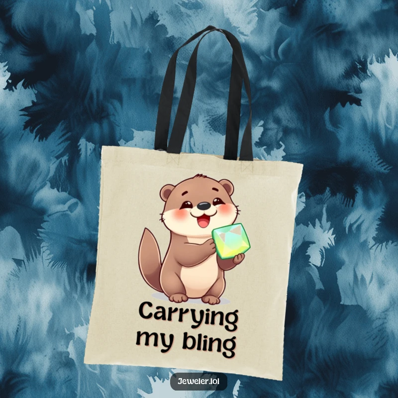 Funny Tote Bag showcasing a cheerful otter gleefully holding a large, sparkling gemstone, a humorous accessory and gift.