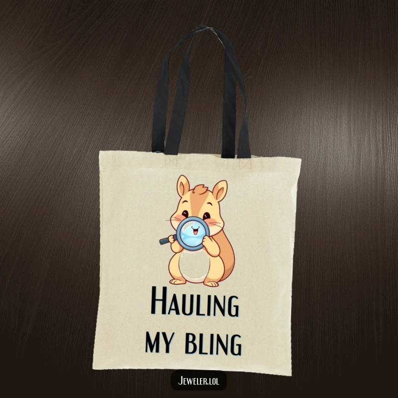 Funny squirrel tote bag with a happy squirrel holding a magnifying glass to a shiny ring, symbolizing a love for collecting and appreciating fine details.