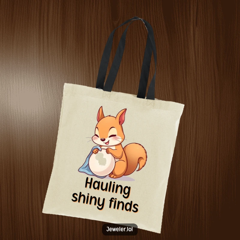 Funny Tote Bag showcasing a happy squirrel polishing a lustrous pearl with a soft cloth, a chic and humorous accessory.