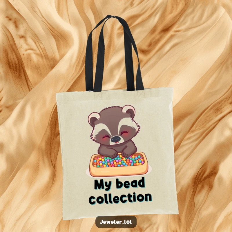 Funny badger tote bag with a giggling badger meticulously arranging tiny beads in a tray, symbolizing a love for crafting and detailed artistry.