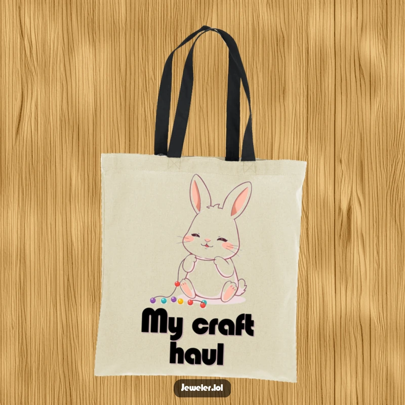 Funny Tote Bag featuring a playful rabbit meticulously stringing tiny beads onto a thread, a stylish and humorous accessory.